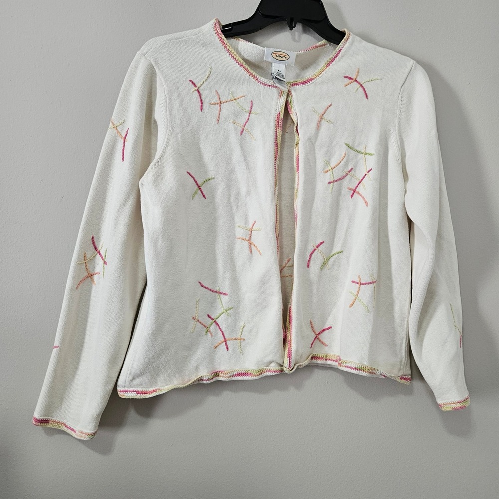 Talbots Womens XL‎ Cream Embroidered Knit Cardigan Sweater Abstract Pastel Pink